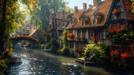 a winding canal winding through a quaint European village, with charming stone bridges and colorful...
