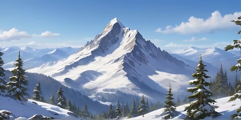 A peaceful mountain top with snow-capped peaks, pine trees dotting the landscape, and a clear blue sky above.