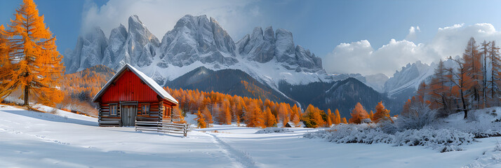 Funes Valley Dolomites South Tyrol Italy Abando,
landscape with small wooden log cabin on meadow Alpe di Siusi on sunrise time
 
 - obrazy, fototapety, plakaty