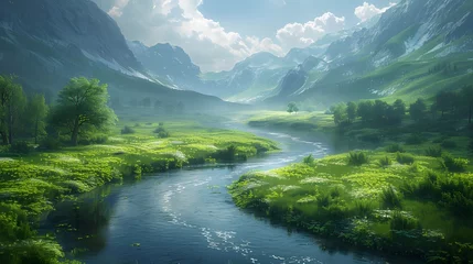 Fotobehang a winding river flowing through a peaceful valley, where verdant meadows and swaying trees line the banks, captured in stunning 16k high resolution © Artistic_Creation