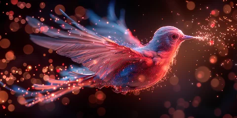 Foto op Plexiglas A hummingbird with a blue and purple background, Flaming phoenix firebird with flames and sparks, mythical bird on a fiery background © saeed