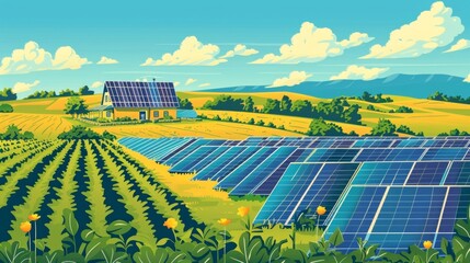 A large vibrant field of green solar panels stretches out in front of a modest farmhouse providing clean and sustainable energy for . AI generation.