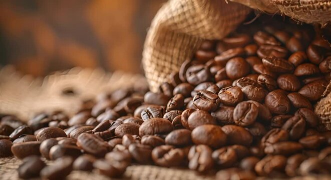 A scattering of roasted coffee beans bouncing off a burlap sack