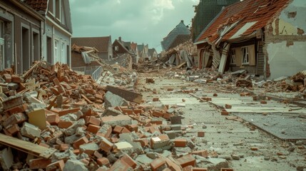 A shattered street with rubble and debris littering the ground and damaged buildings looming in the background.