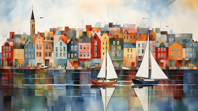 A watercolor painting of sailboats on tranquil water in front of a vibrant, multicolored town with quaint architecture.