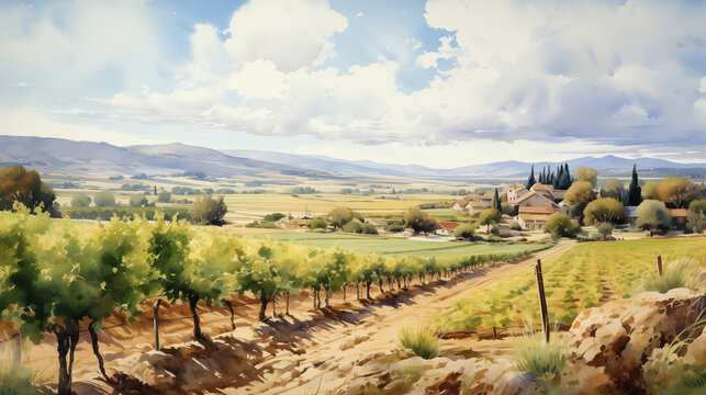 A watercolor painting of Idyllic landscape with a traditional farmhouse surrounded by green rolling hills, vineyards.