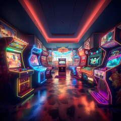 Retro arcade with colorful game machines.