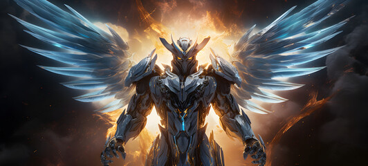 photograph of a Transformers robot white garuda adorned in celestial sun and moon, ai generative