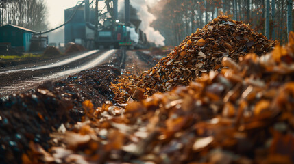 Biomass energy production in action and sustainable fuel from organic waste. Biomass Power Plant Processing Wood Chips.