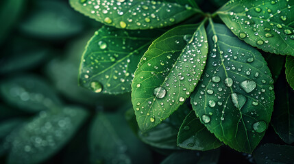 Nature's beauty revealed: Close-up view of green leaves adorned with raindrops.