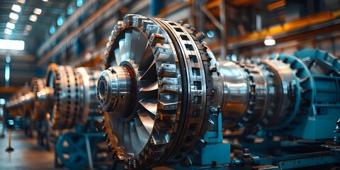 Repair work on a disassembled turbine at an energy power generation station's turbine shop. Concept Turbine Maintenance, Power Generation, Industrial Repairs, Energy Industry, Stationary Workshop - obrazy, fototapety, plakaty