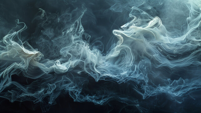 Artistic representation of clean energy flow, abstract white smoke swirls against mysterious dark background.