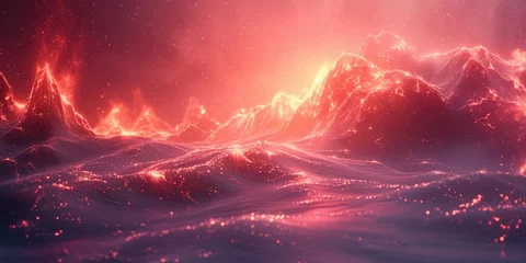 Abwaschbare Fototapete Bordeaux Majestic red mountains in a fantasy landscape - This image showcases spectacular red glowing mountains under a night sky, invoking a sense of wonder and fantasy
