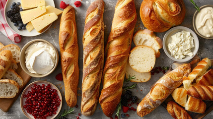 An elegant affair with a French touch featuring a spread of crusty baguettes creamy cheeses and delicate pastries for a sweet finish. - obrazy, fototapety, plakaty