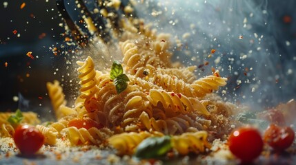 Radiant pasta in mid-air with basil