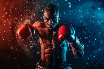 Boxer defending in the ring under the rain - obrazy, fototapety, plakaty