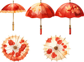 Abstract watercolor of Chinese new year element decorative with red and white color background. Decoration lantern, clouds, flowers, lion dance, dragon, umbrella set collection for pattern.