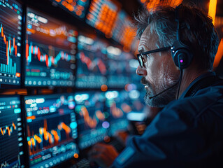Close-up of a trader at a desk with multiple screens showing live financial market data