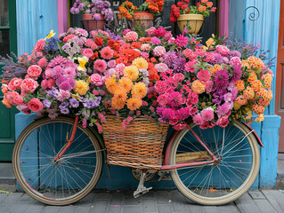 Fototapeta na wymiar Overflowing with a myriad of vibrant flowers, this bicycle creates a stunning floral display