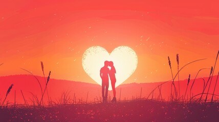 Couple kissing under a heart-shaped sunset - A heartwarming image capturing a couple kissing in a silhouette against a heart-shaped sunset, representing love and passion
