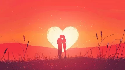 Fototapeten Couple kissing under a heart-shaped sunset - A heartwarming image capturing a couple kissing in a silhouette against a heart-shaped sunset, representing love and passion © Tida