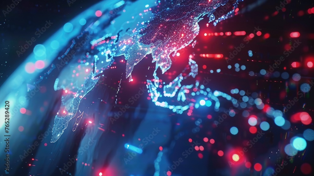 Poster glowing digital map with red and blue hues - this image presents a digital world map with glowing li