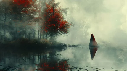 Foto op Plexiglas Mystical figure in foggy landscape, surreal art, symbolizes solitude and mystery.   © iuliia
