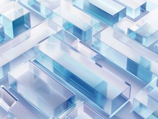 Gleaming layered glass blocks in shades of blue - Layers of reflective glass blocks with varying opacity, arranged in a complex pattern with a blue hue, perfect for backgrounds