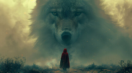 Red riding hood and wolf in misty forest, depicts fairy tale and mystery. - obrazy, fototapety, plakaty