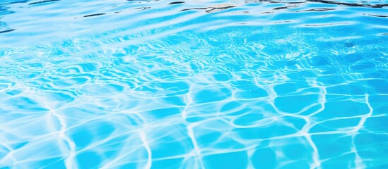 A close-up view of a serene pool filled with transparent water reflecting the clear blue sky above
