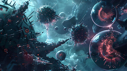 Abstract neon microbe illustration, represents science, medicine, and biotechnology.

