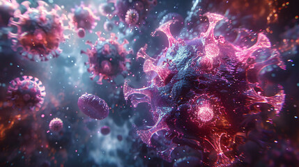 Fantasy artwork of viruses, symbolizes threat and magnification.