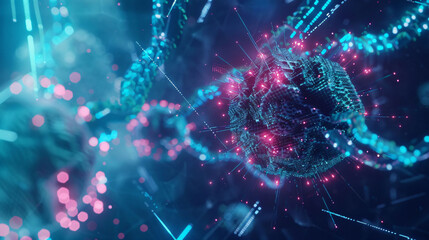 Ethereal virus visualization, signifies microscopic examination and digital health.


