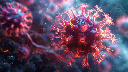 Virus particles in abstract space, symbolizes medical research and science.

