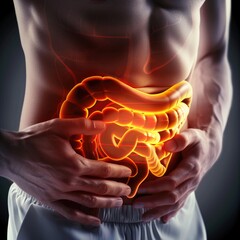 Visual demonstration of digestive tract, intestine, stomach, small colon, duodenum: illustrating issues like disease, pain, and nutrition, emphasizing the importance of gastrointestinal health. - obrazy, fototapety, plakaty
