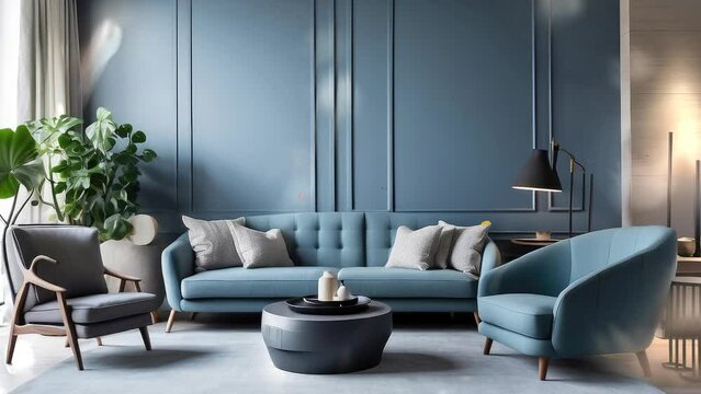 3D rendering. Modern living room interior design with blue sofa and gray armchair