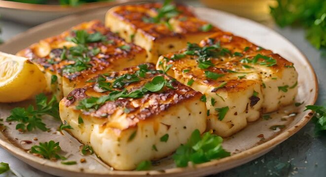 A plate of grilled halloumi cheese with a lemon wedge and fresh herbs