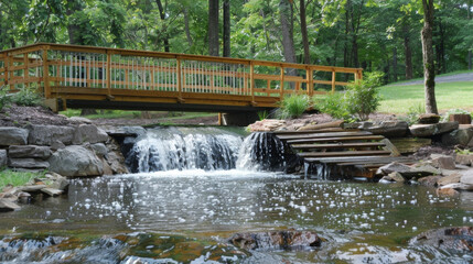 Enjoy a lovely afternoon picnic in a scenic dog park with a charming wooden bridge and scenic waterfall as your backdrop.