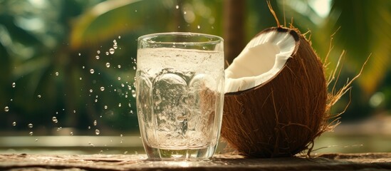 A glass of coconut water sits next to a fresh coconut on a table, showcasing the natural liquid extracted from this tropical plant