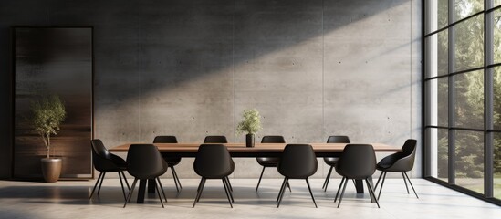 A digital depiction of a room designed for dining, showcasing a large wooden table and several chairs placed around it - obrazy, fototapety, plakaty
