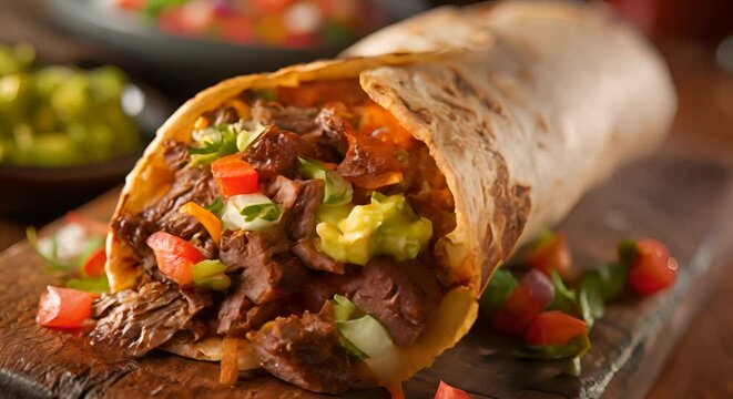 A juicy carne asada burrito with salsa and guacamole