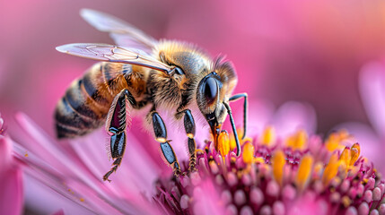 Bee on a flower, detailed macro, represents pollination and nature.