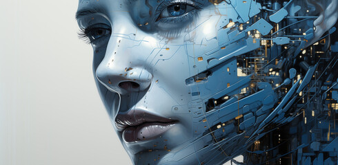 Konzept Künstliche Intelligenz, Maschinenlernen eines humanoiden Roboters, Cyborg, Mesch Maschine Kombination - obrazy, fototapety, plakaty