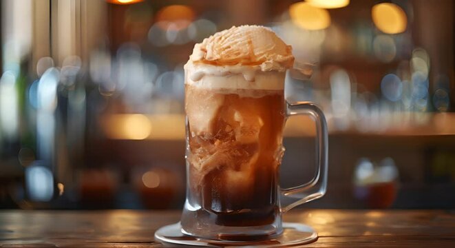 A frosty mug of root beer with ice cream floating on top