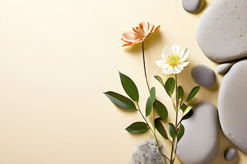 꽃과 돌이 있는 뷰티 광고 제품 합성을 위한 연단