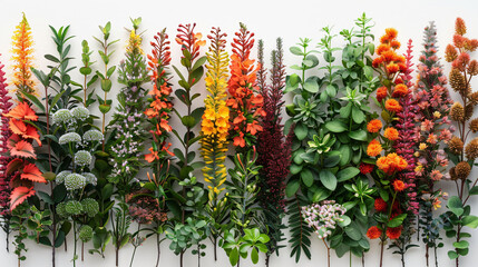Lush array of vertical garden plants, perfectly lined up to showcase a gradient of colors and textures, symbolizing growth and the vibrant diversity of nature.

