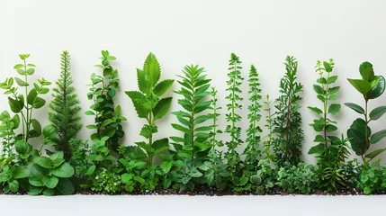 Fotobehang Uniform line-up of green plants against a white background, demonstrating the simplicity and serenity of a minimalist garden, reflecting the calm of nature.  © iuliia