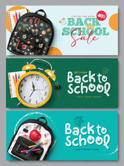 Back to school vector banner set design. Back to school sale and greeting text with school bag, alarm clock and color pencil items and elements for educational flyers lay out collection. Vector 