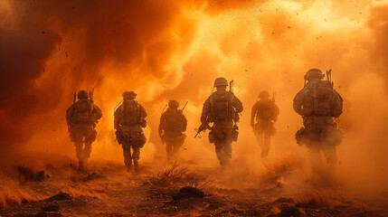 Soldiers marching through intense flames, portraying bravery and the harsh reality of conflict.
