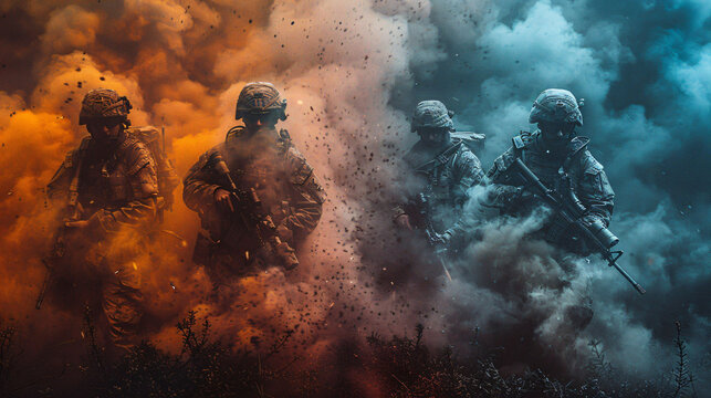 Soldiers advancing through a smoke-filled battlefield, depicting intensity and the fog of war.
